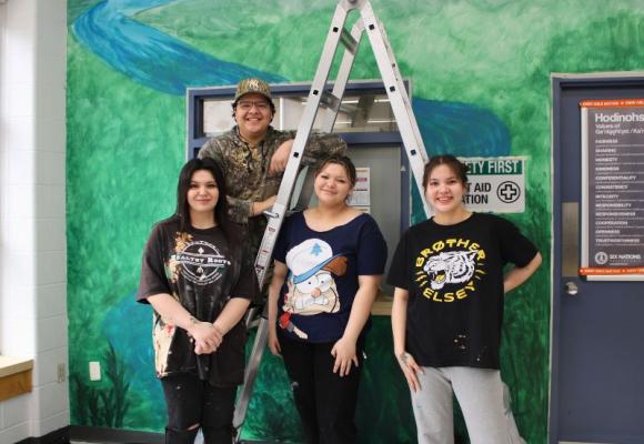 students standing in front of mural
