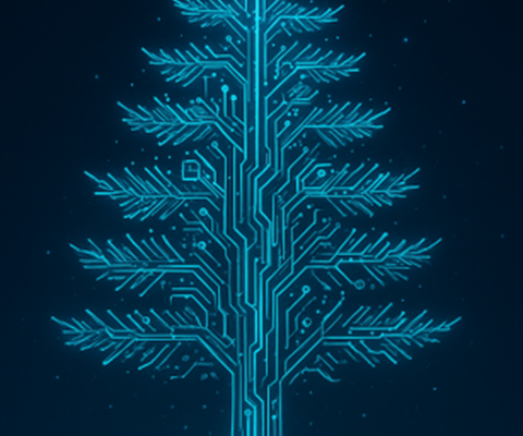 A digital white pine tree, the roots, trunk, branches, needs are represented by circuit board traces, lit in a electric blue on a black background.